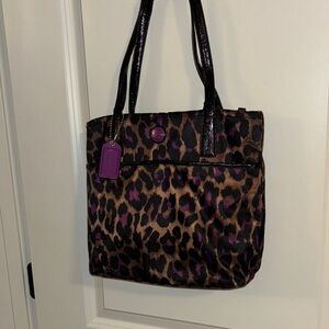 COACH Leopard Print Tote Bag with Purple Accents